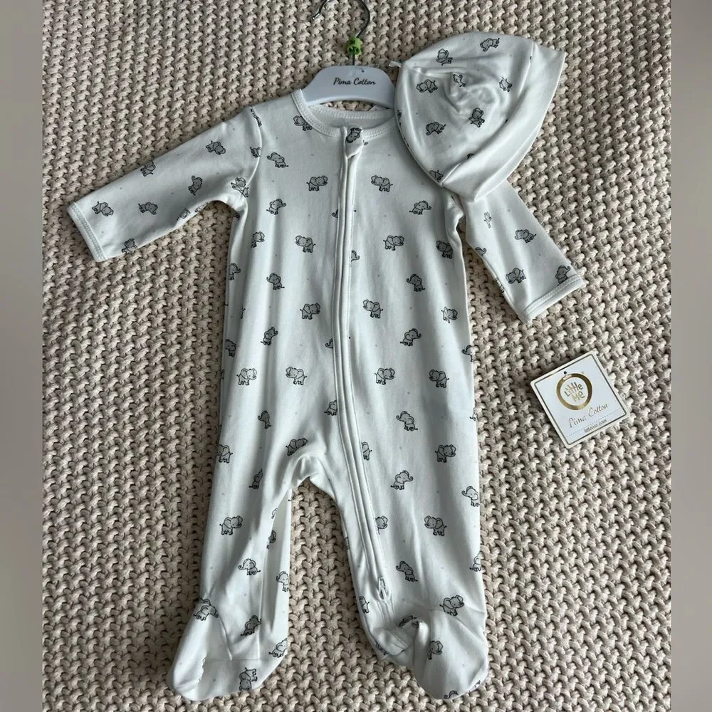 NWT Little Me Elephant Print Footie Pajamas & Hat